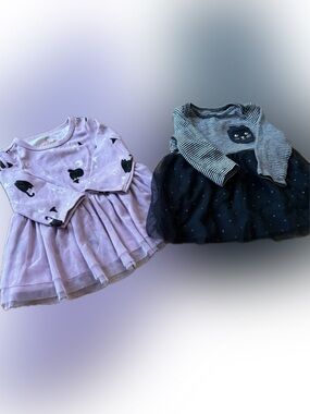 Halloween themed Long-Sleeve Tutu Dress Duo - Purple Cat & Black Striped Cat